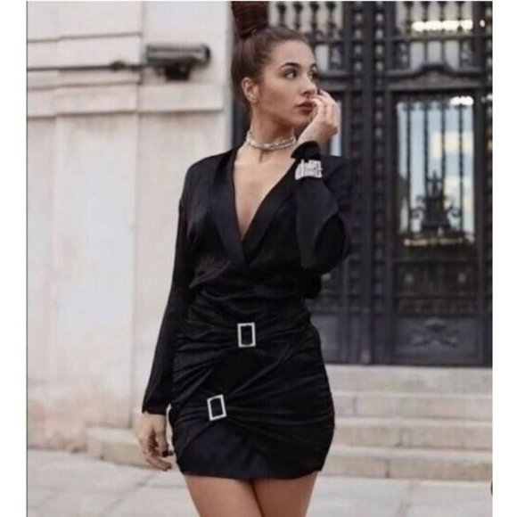 Zara Dresses & Skirts - Zara Satin Little Black Dress Womens S Jewel Metal Buckles Goth Club NEW FLAW
